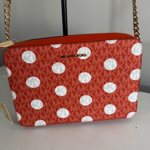Michael Kors Handbags - Michael Kors Red Clay Jet Set LG EW Crossbody Polka Dot Chain Strap